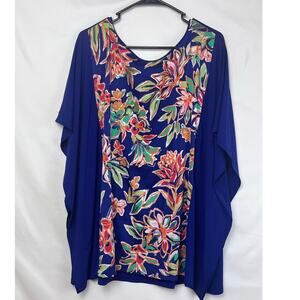 Bob Mackie Women's 2X Navy Blue Wearable Art Floral Print Short Sleeve Blouse